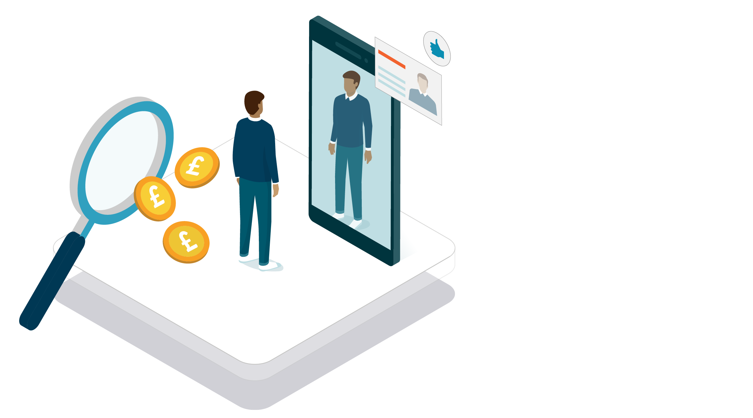 illustration of miniature man looking at himself in the height of a smart phone with a thumbs up and an ID card, plus coins and a magnifying glass
